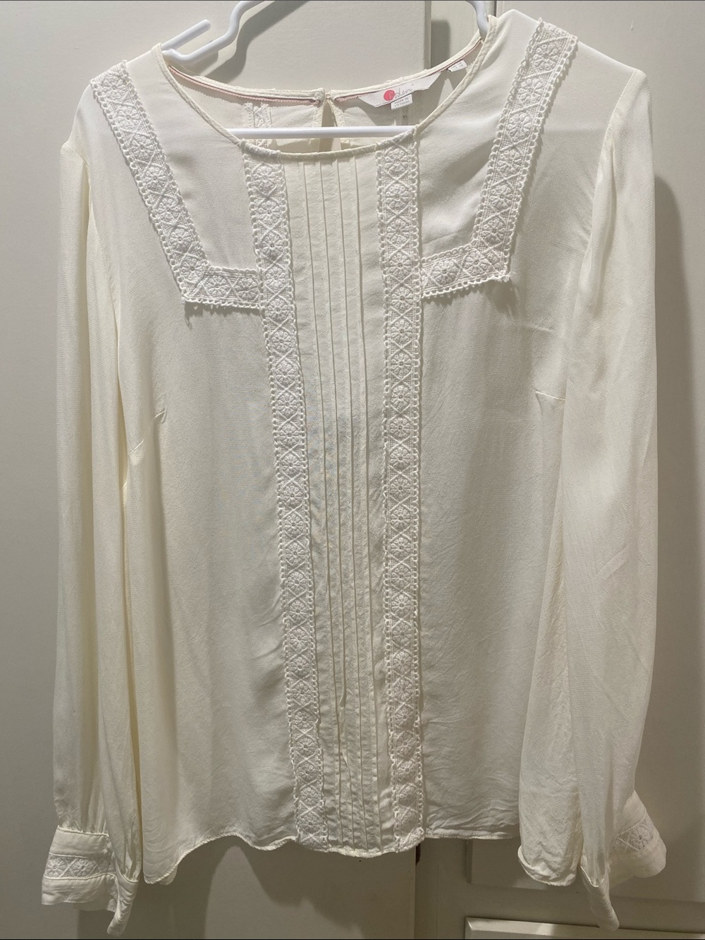 Boden Cream Lace-Trim Long Sleeve Blouse